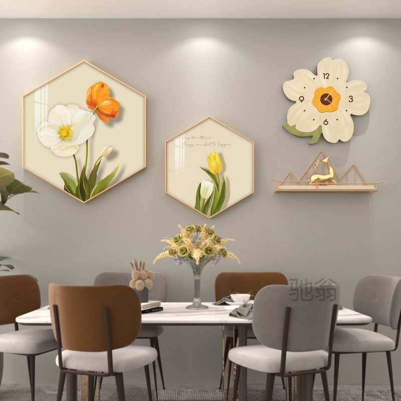 麓r餐厅装饰画晶瓷小清新组合挂画创意花朵挂钟饭厅背景墙面六边图片