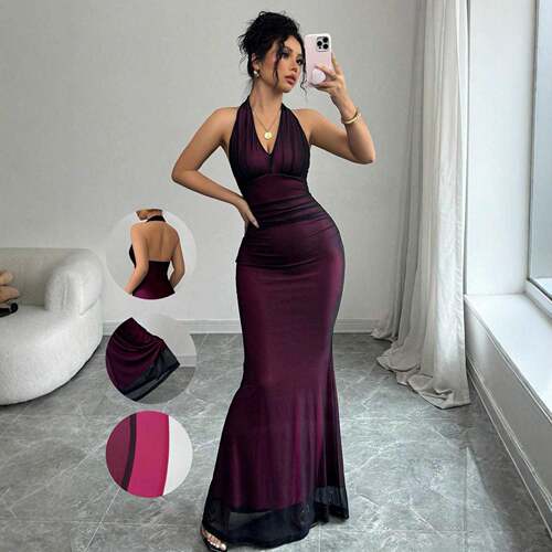 Elegant Deep Bodycon Dress Sleeveless Halter Neck Design