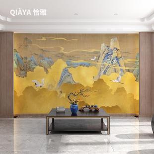 轻奢客厅仙鹤风景沙发电视背景墙壁纸茶楼包厢墙布墙面壁画 新中式