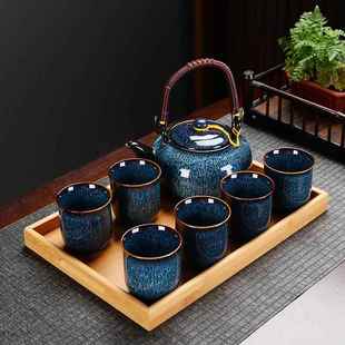 水杯家用具套拉丝窑变中式 高档渐变陶具瓷茶套装 大容量泡茶壶子带