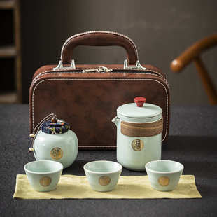 旅行茶具套装 备随行快客杯露营一壶三杯汝窑 便携式 旅游泡茶喝茶装