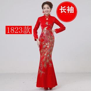 高档2025新款 红色结婚鱼礼服演服锦缎新娘尾旗袍8敬酒出服春Q 长版