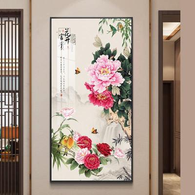 客厅入户东墙玄关正对门墙壁装饰画牡丹花开富贵走廊过道晶瓷挂画