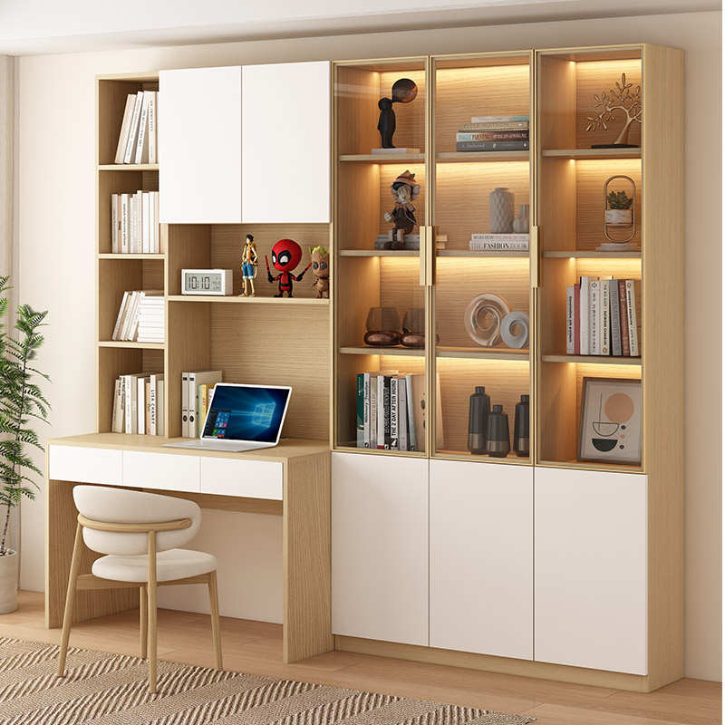 全实木书桌书架一体学生家用电脑桌卧室书柜组合小户型写字学习桌