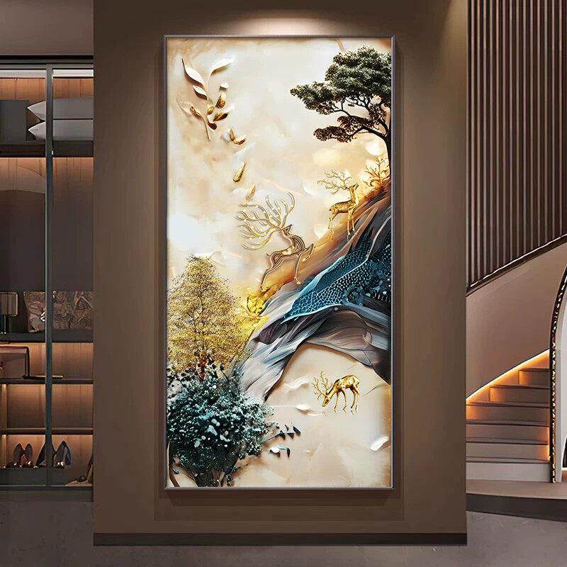 福鹿风景入户玄关装饰画轻奢竖走廊背景墙上挂画过道尽头壁画抽象