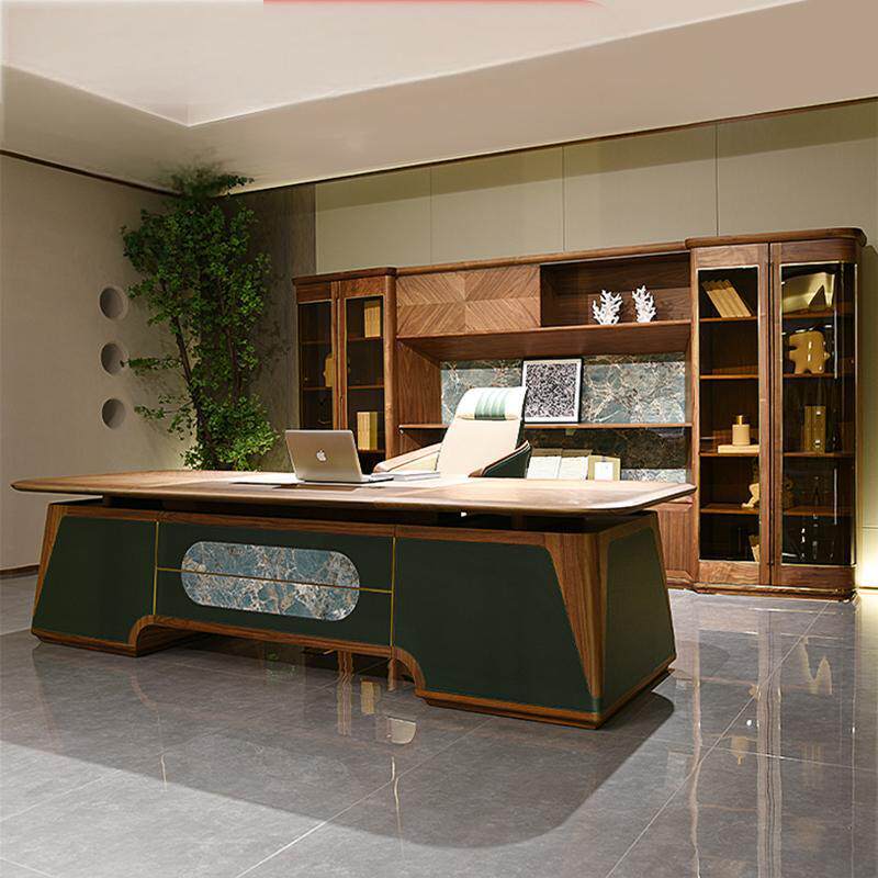 高端现代新中式实木董事长老板桌办公桌北美黑胡桃茶台总裁办公室