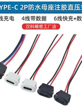 typec母座带线2P 4 6P注胶直压椭圆充电口usb连接器焊线防水TYPEC