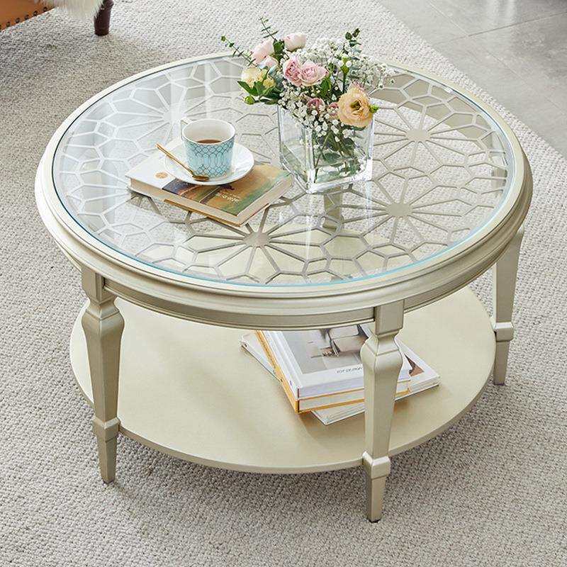 玻璃茶几圆形实木雕花镂空茶台小户型桌子轻奢现代茶桌法式小茶几