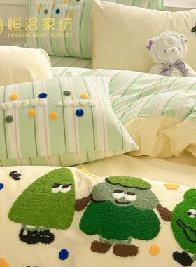 小清新全棉色织水洗棉四件套小树毛巾绣纯棉1.2m被套床单床品黄色