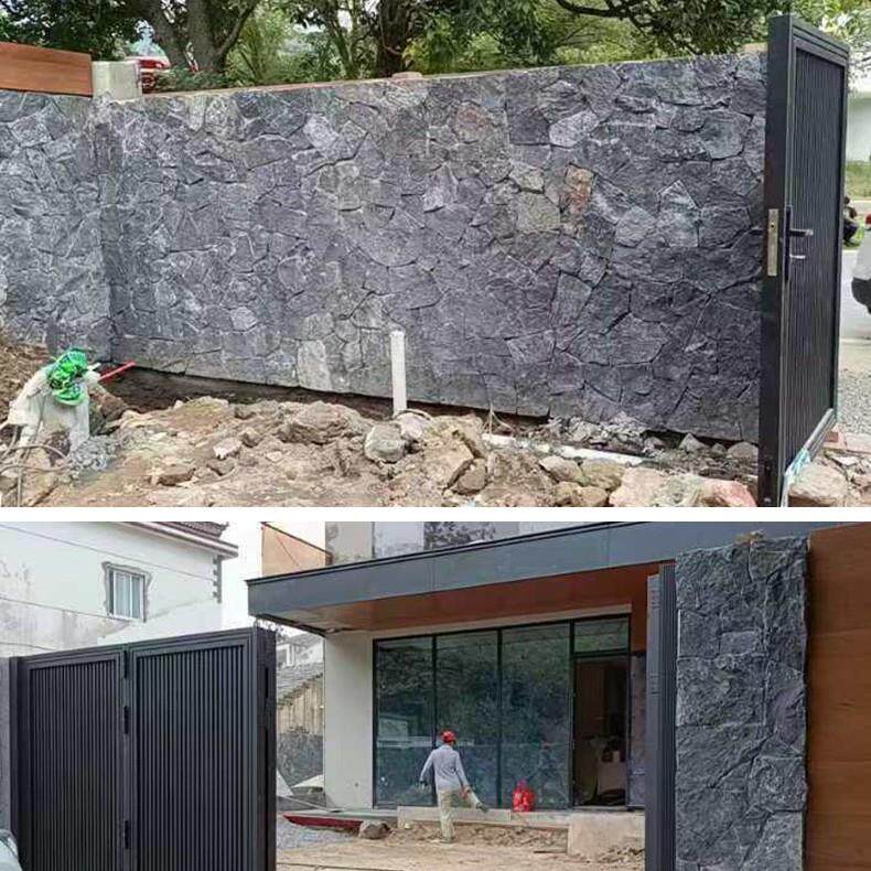 不规则天然黑山石碎拼室外花园园林庭院广场贴墙片石碎拼切片加工