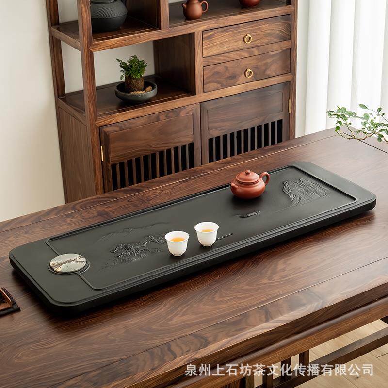 天然乌金石镶国画石茶盘整块高端轻奢现代原石厂家浮雕排水石茶台