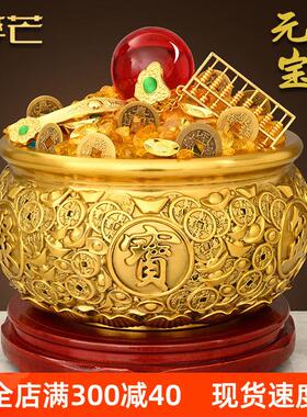 纯黄铜聚宝盆摆件铜钱元宝盆实心厚装饰工艺品家用客厅办公室礼品