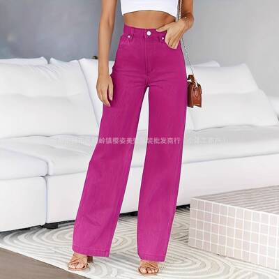 Women Jeans Waisted Straight Leg Stretchy Welt Pockets