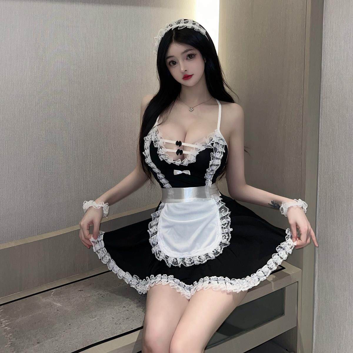 小心机性感低胸蕾丝花边吊带裙交叉露背修身短款显瘦制服洋装女