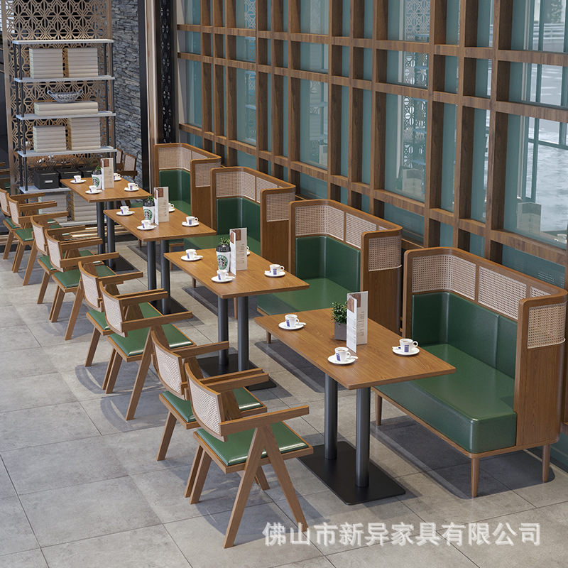 东南亚实木编藤卡座沙发桌椅组合西餐厅咖啡桌子茶餐厅奶茶店桌椅