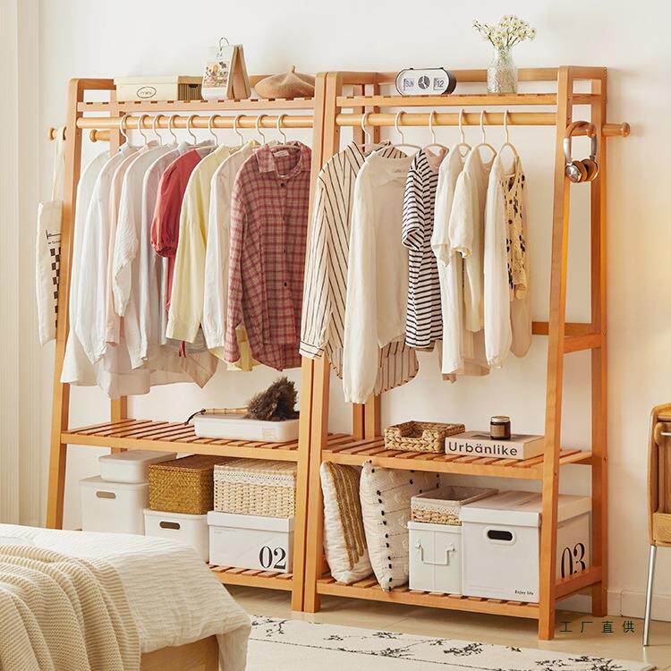 简易实木衣帽架落地卧室挂衣架客厅榉木质晾衣服架家用房间立式杆