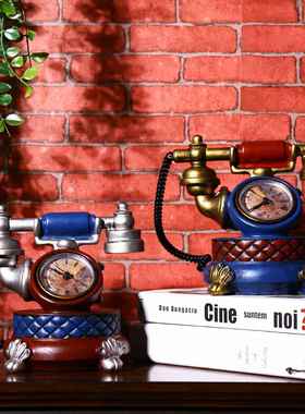 欧式复古创意电话座钟表客厅电视机柜酒吧咖啡馆装饰时钟摆件