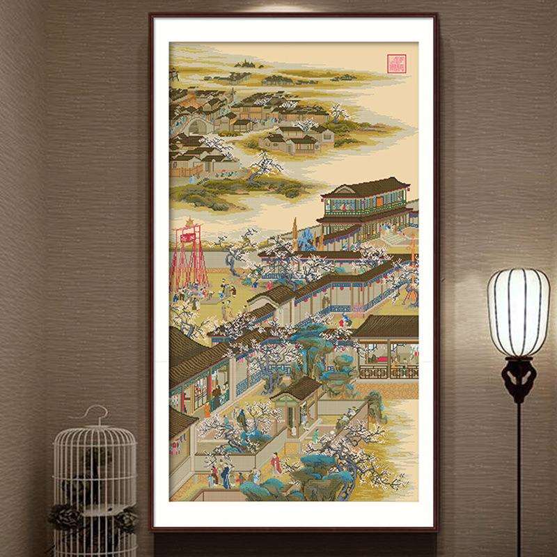 雍正十二月正月十字绣2024新款线绣客厅古典名画收藏竖版风景玄关