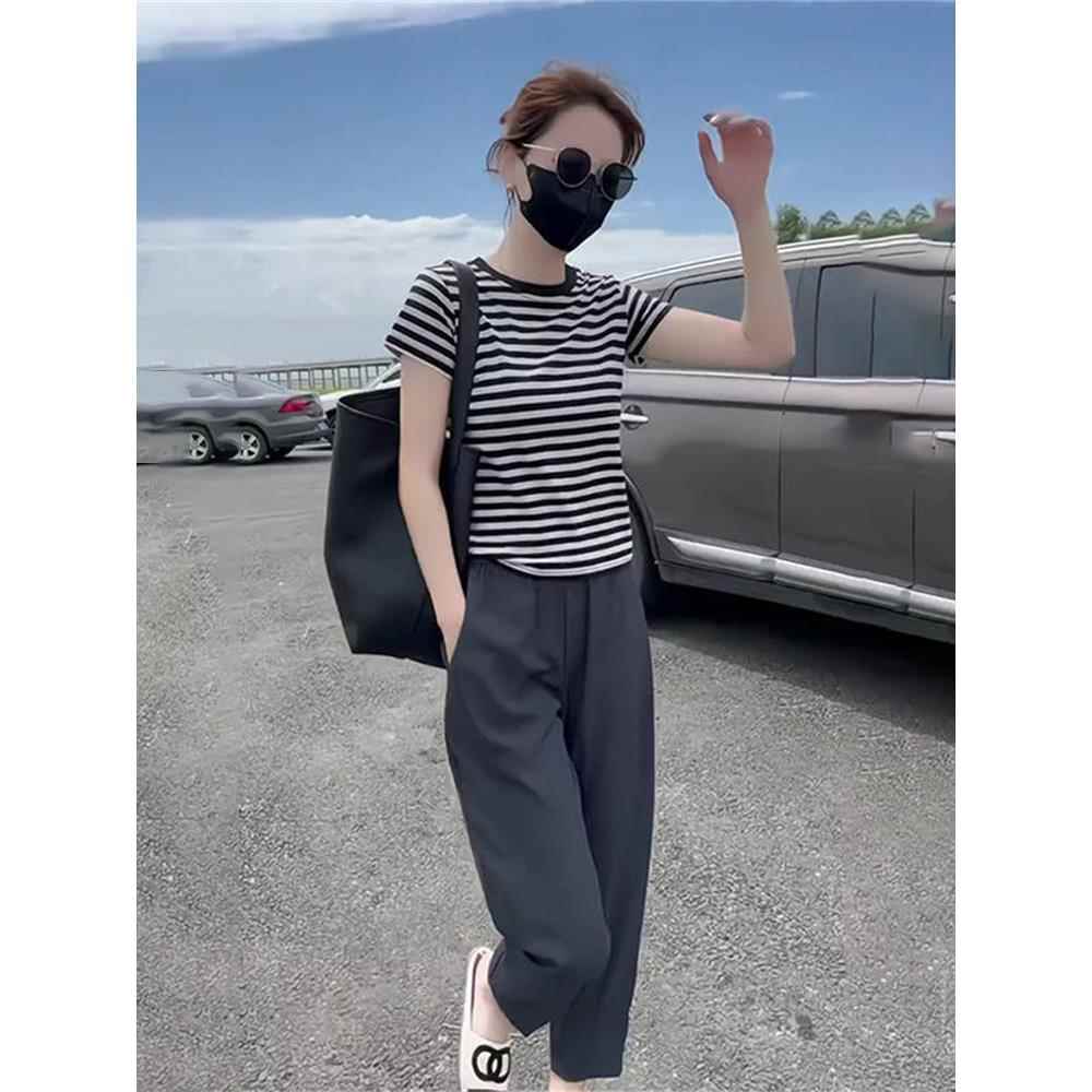 欧货简约条纹短袖套装女夏修身显瘦圆领上衣气质休闲裤洋派两件套