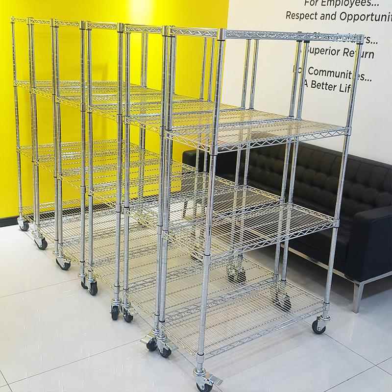 家用置物架碳钢线网货架不锈钢色层架带轮移动仓储架子厨房收纳架