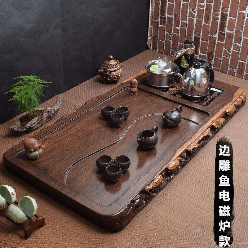 中式黑檀木茶盘带电磁炉烧水壶一体整块实木茶海茶海原木排水茶具