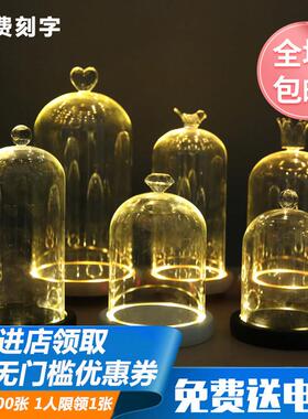 发光玻璃罩创意摆件简约现代家居饰品透明防尘罩带灯永生花展示罩