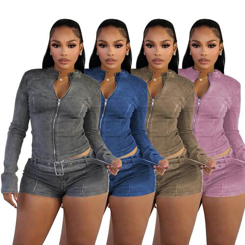 Women Set Spring Autumn Fashion Long Sleeved Stretch Denim