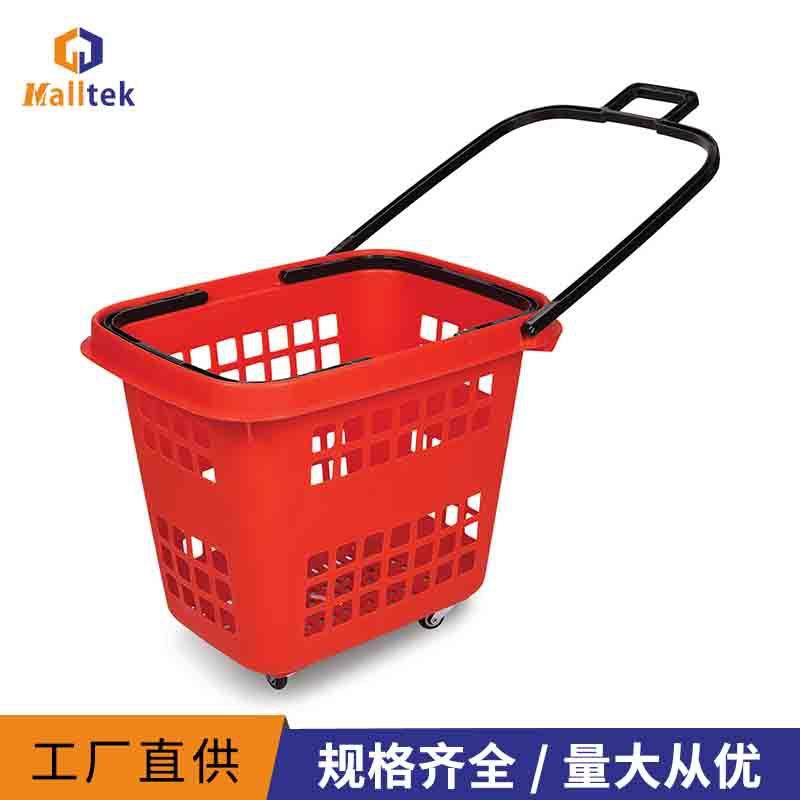 供应80L超市大号塑料篮 四轮加大购物篮 塑料购物拉杆蓝 直销