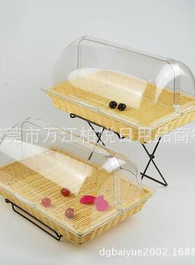ST039SET双面包篮带盖点仿心蛋糕展示盘藤编织筐托盘透层明罩翻盖