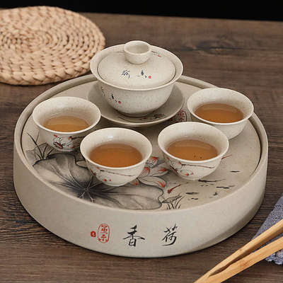 陶土旅行功夫茶具套装小盖碗四杯便携户外家用潮汕工夫茶具小茶盘