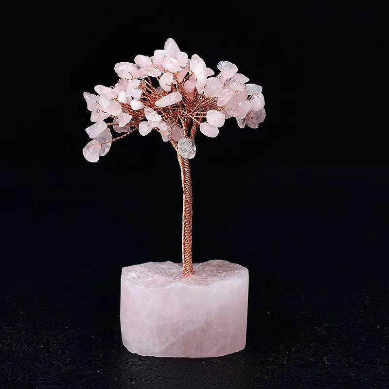 天然粉水晶招桃花摆件晶石桃花树原石简约工艺品可爱粉色水晶树