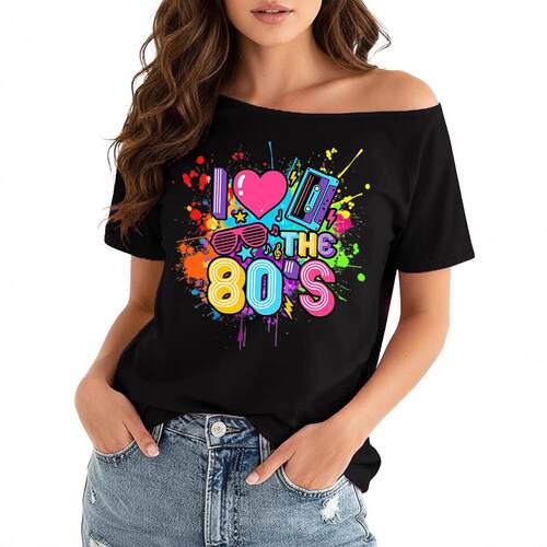 Neon Party Graffiti Splash Paint Oblique Neck Short Sleeve