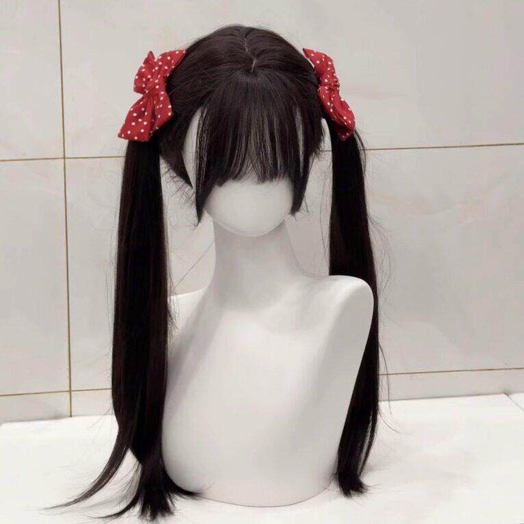 萝喵假发女长发Lolita黑色自然齐刘海双马尾黑长直假发jk全头套式