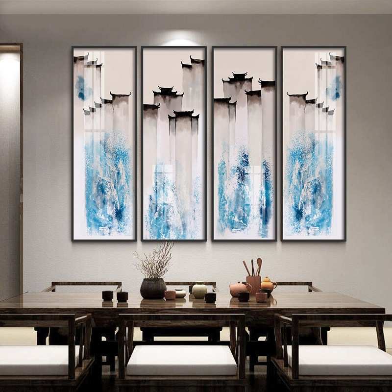 徽派建筑挂画新中式客厅四联装饰画茶室酒店四幅组合壁画中国风格