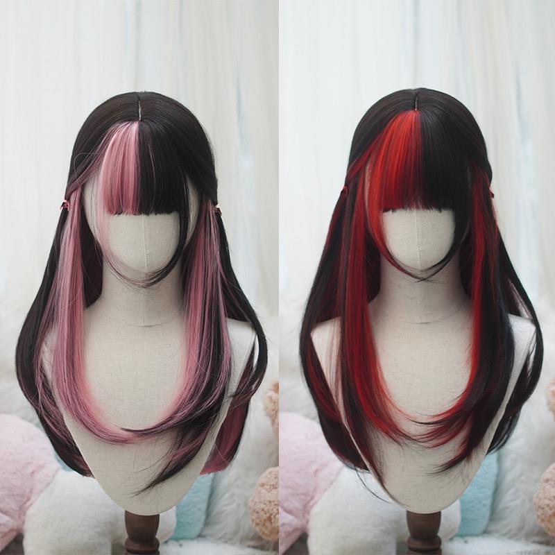【御茶水】Lolita假发罗莉塔日常彷真 黑长直挑染 红粉整顶拼色