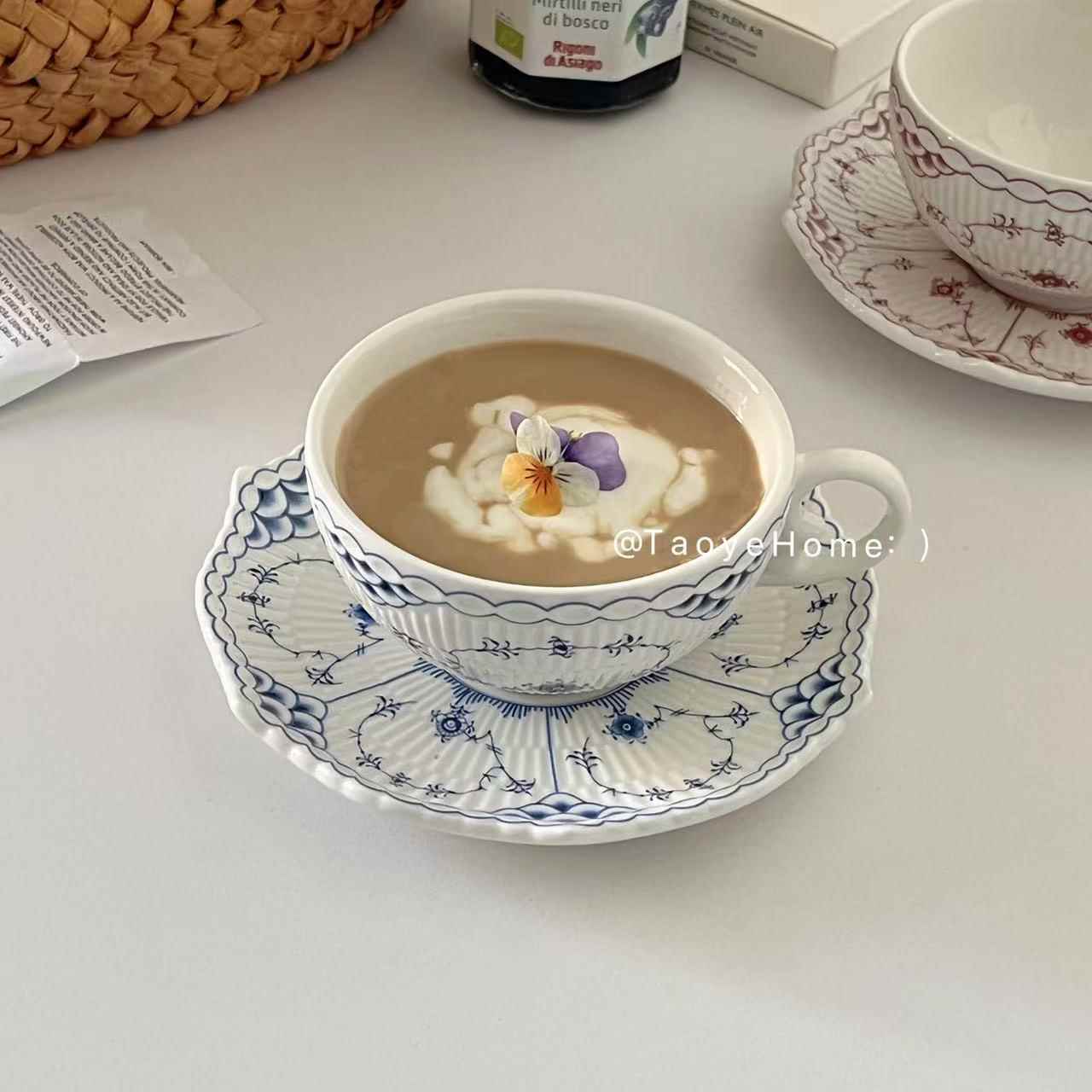 复古浮雕蕾丝花边唐草咖啡杯碟下午茶套装高颜值拿铁拉花杯中古杯