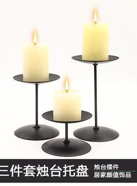 耶诞金属铁艺烛台哑光圆盘黑色覆古托 托盘蜡烛底座铁柱烛台圆形