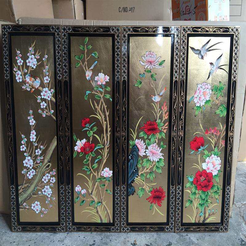至高美金箔四条屏风挂屏手工彩绘酒店家具装饰画走廊挂画明清古典