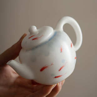 养中式可汝窑片鱼泡茶茶壶球开白瓷单 拟古景德孔壶过滤手绘趣壶