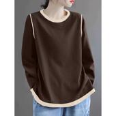 春款 宽松显瘦遮肚子上0207z t恤双面拼色打底衫 大码 女士圆领长袖