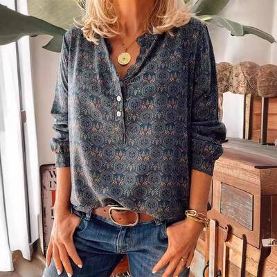 Ethnic Pattern Notched Neck Blouse Shirts Boho Casual Sleeve