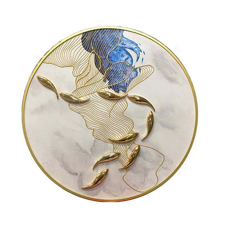 手绘鱼图金线画新中式玄关圆形抽象画现代轻奢客厅装饰油画招财