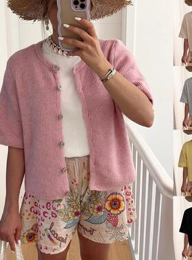 Womens Casual Short Sleeve Cardigan Sweaters Crew Neck Soft