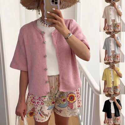 Women Sleeve Cardigan Sweaters Crew Neck Knitting Button