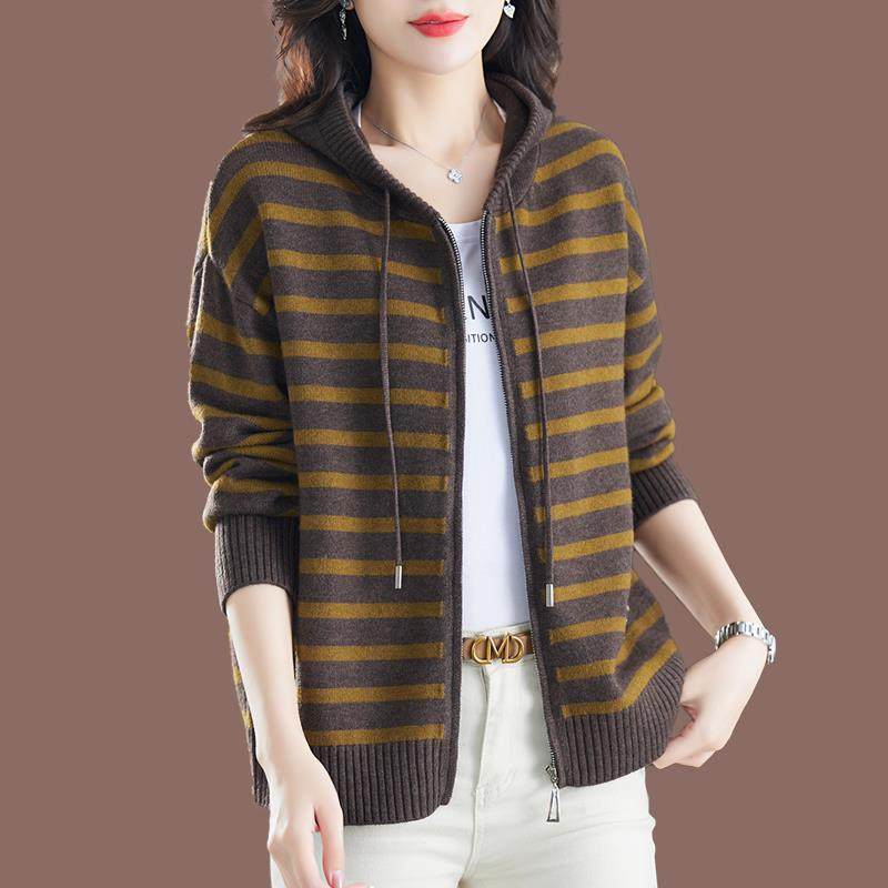 春秋装羊毛衫女士外穿短款宽松大码连帽毛衣外套时尚条纹针织开衫,女装/女士精品,毛针织衫,淘宝优惠券,粉丝福利购,淘宝优惠卷
