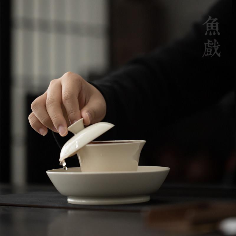 鱼戏手工陶瓷复古三才盖碗家用泡茶杯子茶碗壶承套装禅意功夫茶具