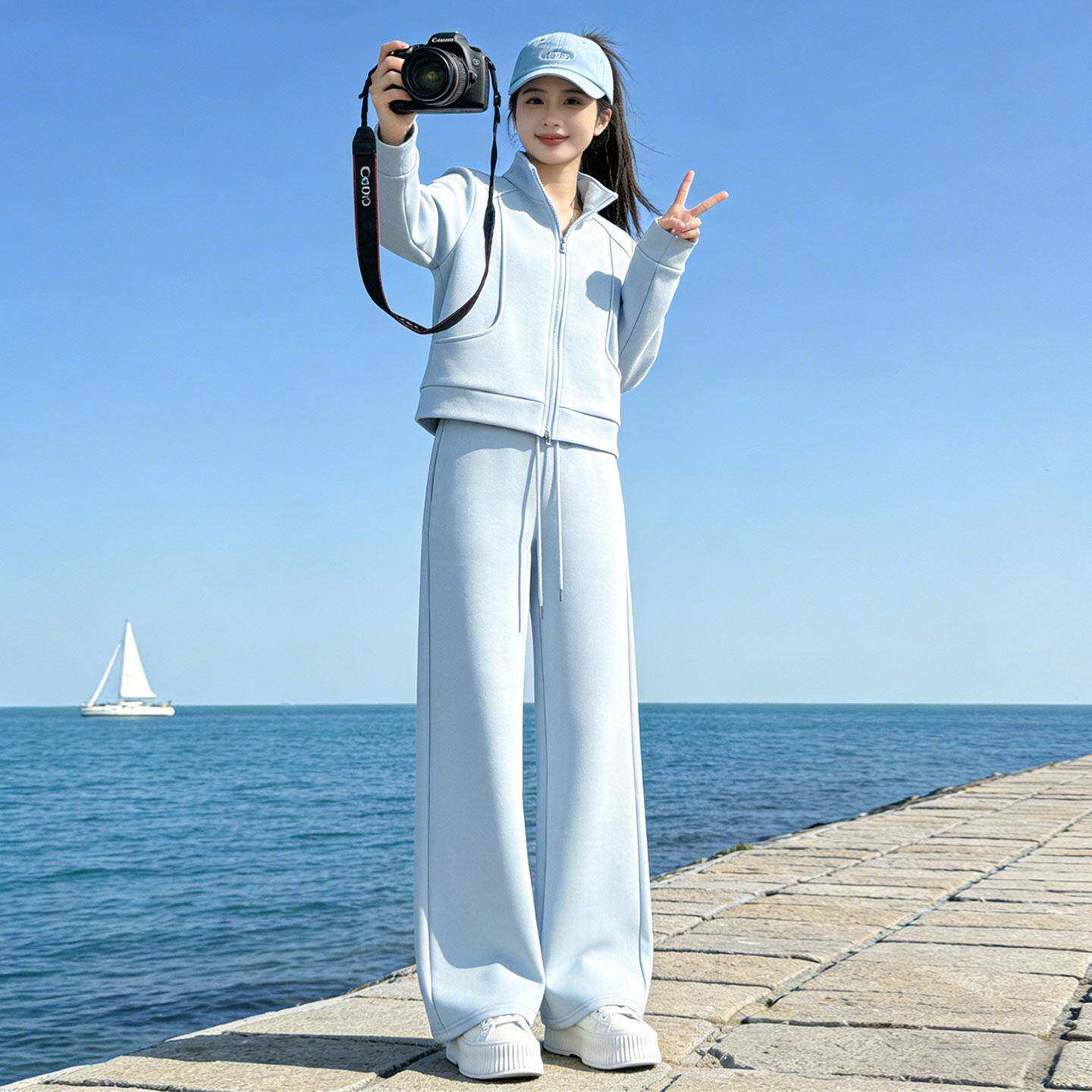 高级感休闲运动套装女2026年春季蓝色减龄时尚立领阔腿裤两件套