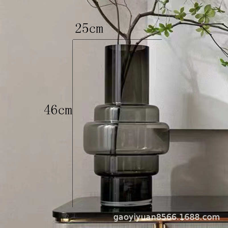 玻璃插花花瓶干花花瓶样板间纹摆件餐桌北欧客厅透明器灰色竖玻璃