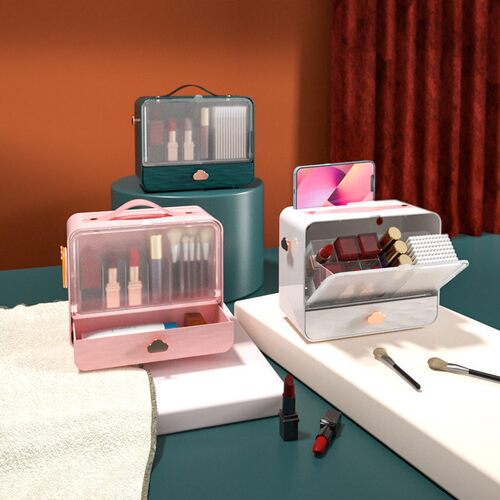 Double-layer plastic cosmetic storage box for bedroom makeup