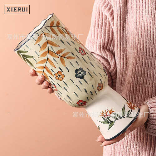 欧美田园风陶瓷手绘花瓶现代轻奢北欧插花花器客厅样板间家居装饰